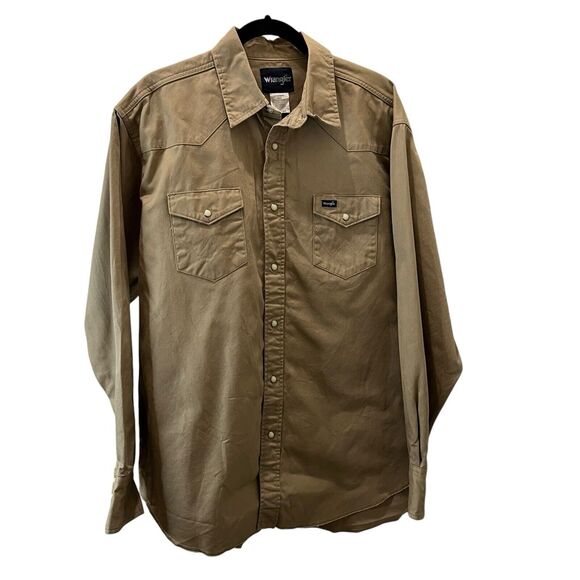 Wrangler Tan Khaki Light Brown Long Sleeve Pearl Snap Button Up Shirt Mens 18X36 - Picture 1 of 11